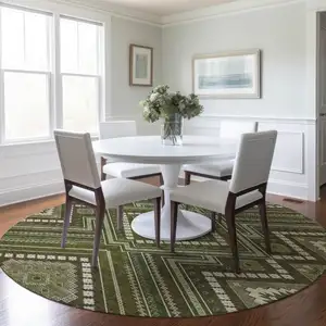 Photo of 8' Olive Green Gray And Ivory Round Tribal Washable Indoor Outdoor Area Rug