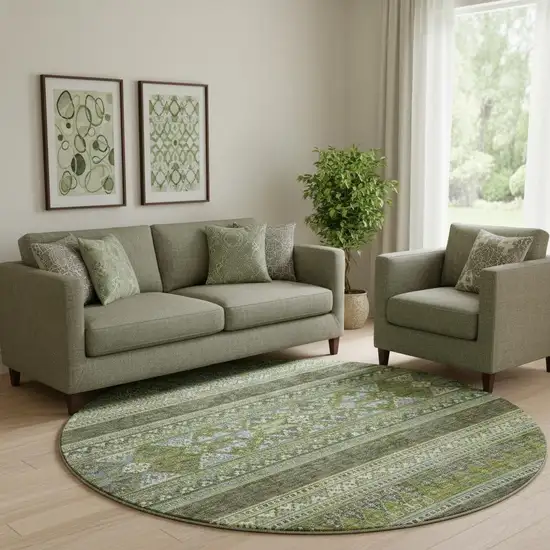 8' Olive Green Gray And Ivory Southwestern Washable Round Rug With UV Protection Photo 1