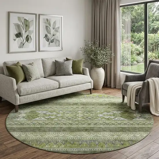 8' Olive Green Gray And Ivory Southwestern Washable Round Rug With UV Protection Photo 1