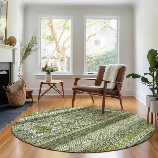 8' Olive Green Gray And Ivory Southwestern Washable Round Rug With UV Protection Photo 5