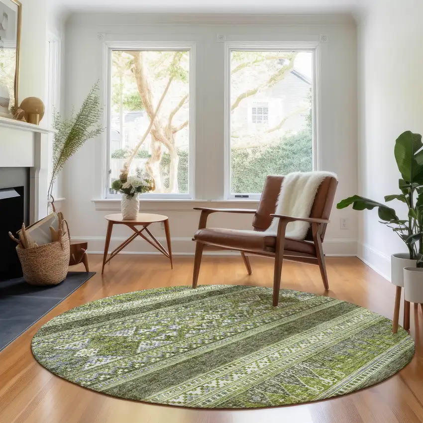 8' Olive Green Gray And Ivory Southwestern Washable Round Rug With UV Protection Photo 5