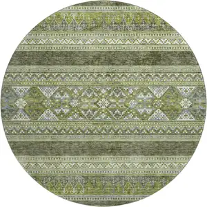Photo of 8' Olive Green Gray And Ivory Southwestern Washable Round Rug With UV Protection