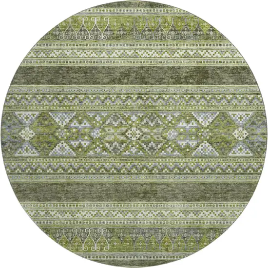 8' Olive Green Gray And Ivory Southwestern Washable Round Rug With UV Protection Photo 1