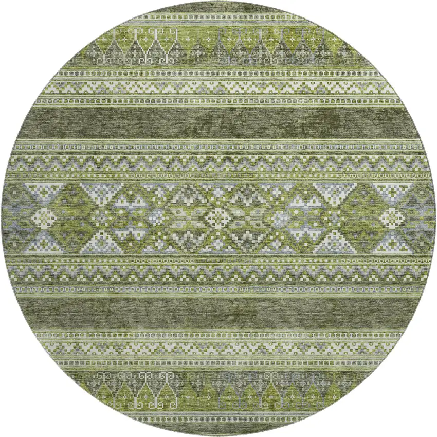 8' Olive Green Gray And Ivory Southwestern Washable Round Rug With UV Protection Photo 1