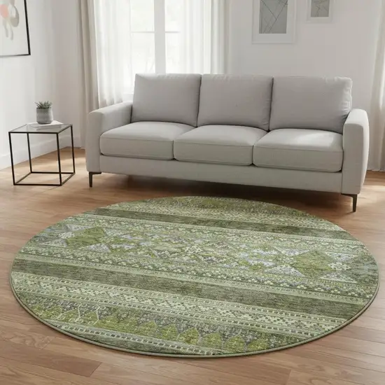 8' Olive Green Gray And Ivory Southwestern Washable Round Rug With UV Protection Photo 2