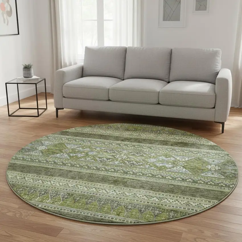 8' Olive Green Gray And Ivory Southwestern Washable Round Rug With UV Protection Photo 2