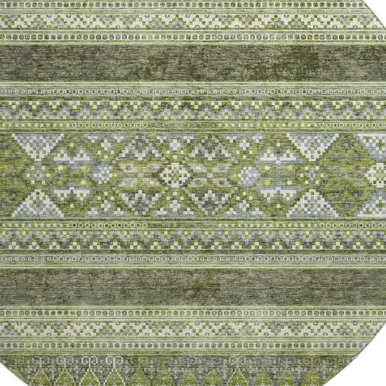 8' Olive Green Gray And Ivory Southwestern Washable Round Rug With UV Protection Photo 4