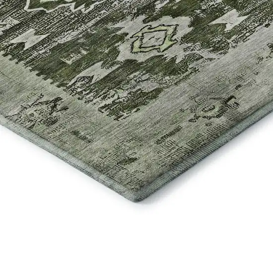 8' Olive Green Gray And Ivory Southwestern Washable Round Rug With UV Protection Photo 6