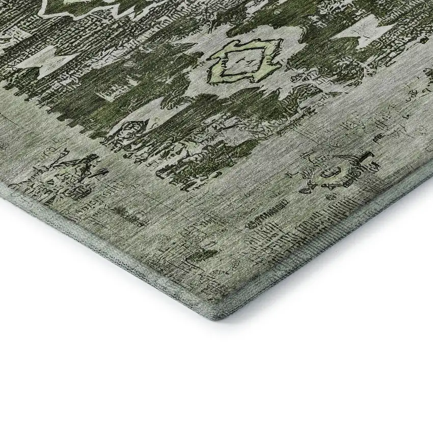 8' Olive Green Gray And Ivory Southwestern Washable Round Rug With UV Protection Photo 6