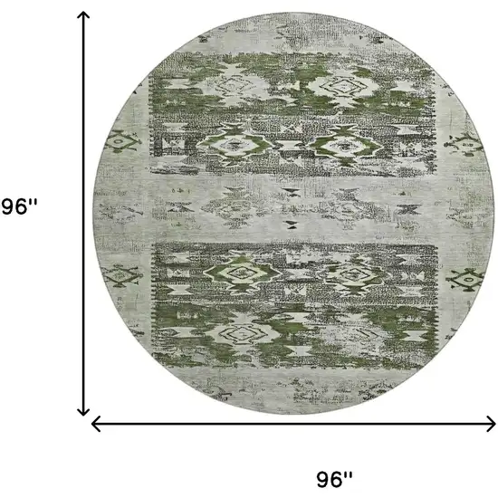 8' Olive Green Gray And Ivory Southwestern Washable Round Rug With UV Protection Photo 9