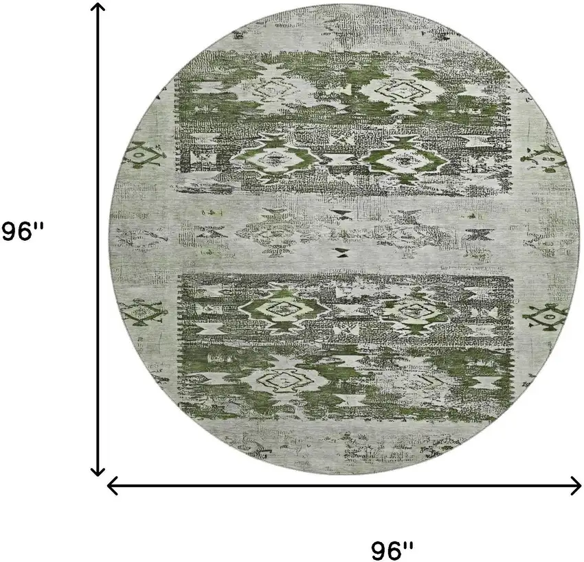 8' Olive Green Gray And Ivory Southwestern Washable Round Rug With UV Protection Photo 9