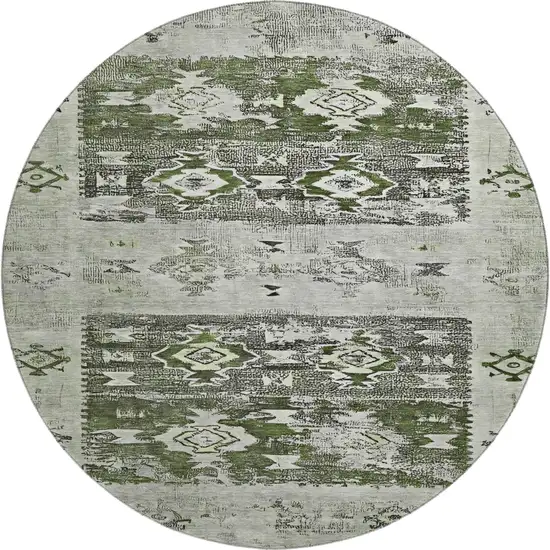 8' Olive Green Gray And Ivory Southwestern Washable Round Rug With UV Protection Photo 1