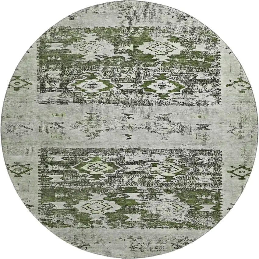 8' Olive Green Gray And Ivory Southwestern Washable Round Rug With UV Protection Photo 1