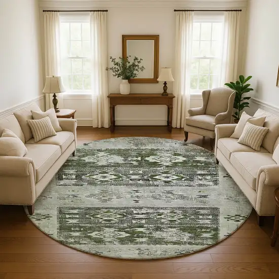 8' Olive Green Gray And Ivory Southwestern Washable Round Rug With UV Protection Photo 4