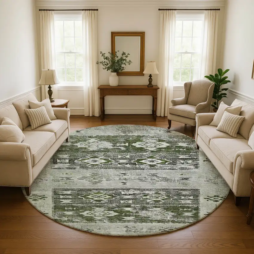 8' Olive Green Gray And Ivory Southwestern Washable Round Rug With UV Protection Photo 4