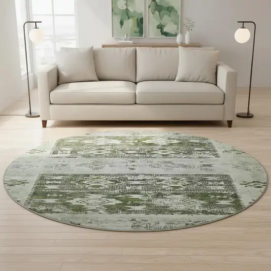 8' Olive Green Gray And Ivory Southwestern Washable Round Rug With UV Protection Photo 2