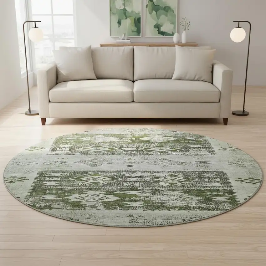 8' Olive Green Gray And Ivory Southwestern Washable Round Rug With UV Protection Photo 2