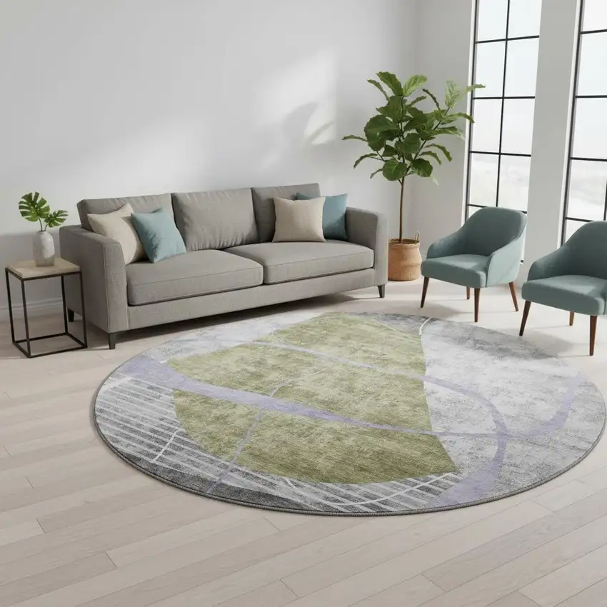 8' Olive Green Gray And Silver Abstract Geometric Washable Round Rug With UV Protection Photo 2