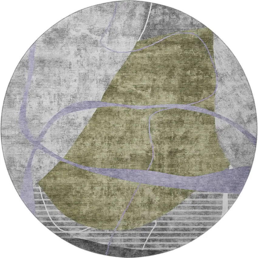 8' Olive Green Gray And Silver Abstract Geometric Washable Round Rug With UV Protection Photo 4