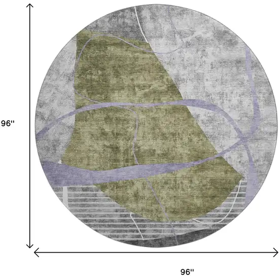 8' Olive Green Gray And Silver Abstract Geometric Washable Round Rug With UV Protection Photo 3