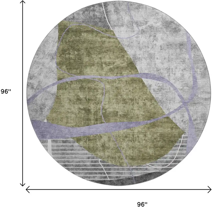 8' Olive Green Gray And Silver Abstract Geometric Washable Round Rug With UV Protection Photo 3
