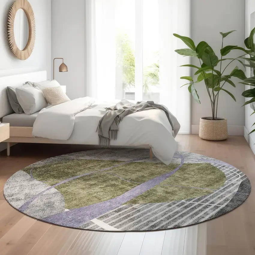 8' Olive Green Gray And Silver Abstract Geometric Washable Round Rug With UV Protection Photo 5
