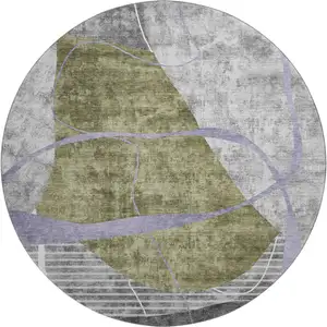 Photo of 8' Olive Green Gray And Silver Abstract Geometric Washable Round Rug With UV Protection