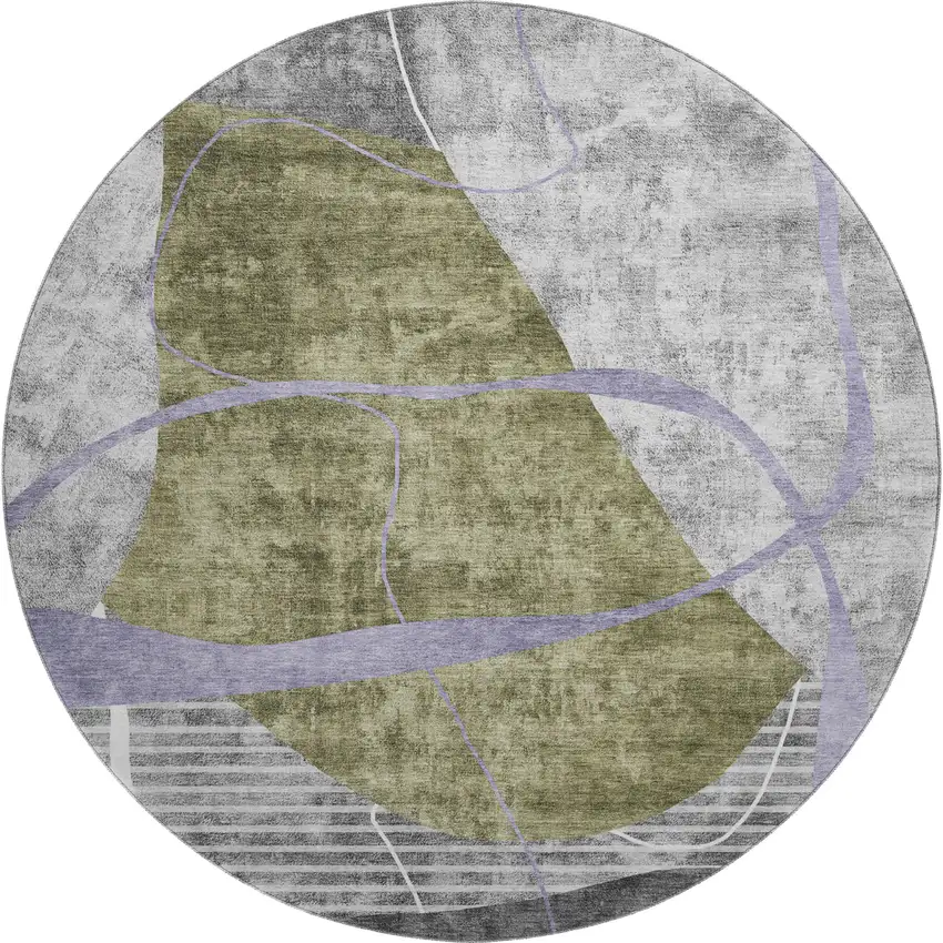 8' Olive Green Gray And Silver Abstract Geometric Washable Round Rug With UV Protection Photo 1