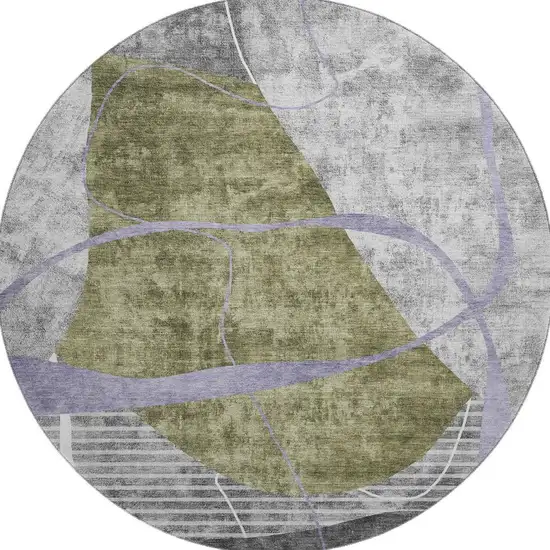 8' Olive Green Gray And Silver Abstract Geometric Washable Round Rug With UV Protection Photo 3