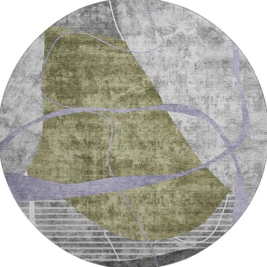 8' Olive Green Gray And Silver Abstract Geometric Washable Round Rug With UV Protection Photo 3