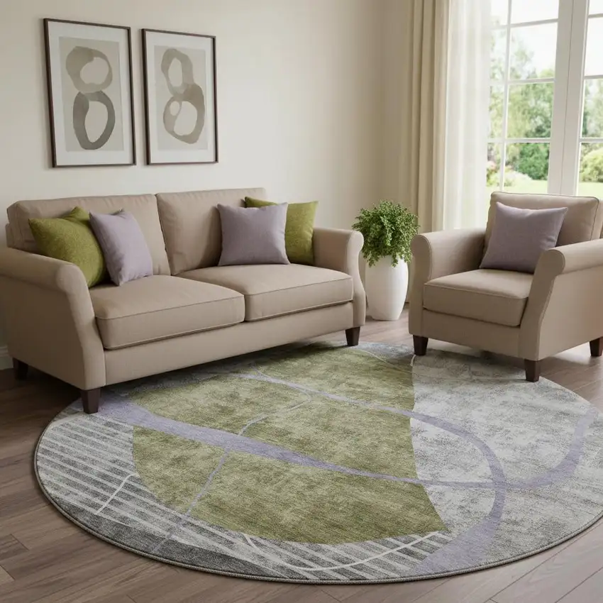 8' Olive Green Gray And Silver Abstract Geometric Washable Round Rug With UV Protection Photo 1