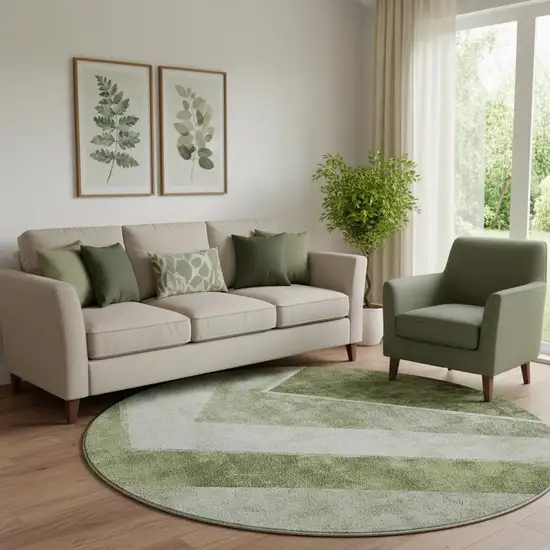 8' Olive Green Gray And Silver Geometric Washable Round Rug With UV Protection Photo 1