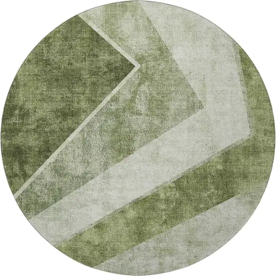 8' Olive Green Gray And Silver Geometric Washable Round Rug With UV Protection Photo 4