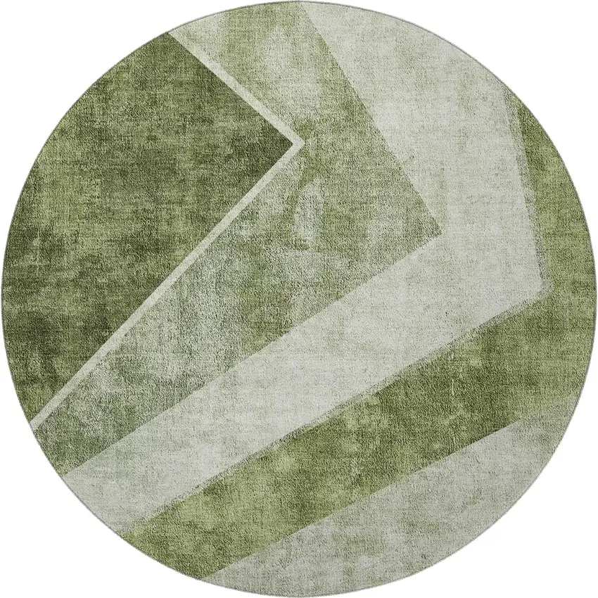8' Olive Green Gray And Silver Geometric Washable Round Rug With UV Protection Photo 4