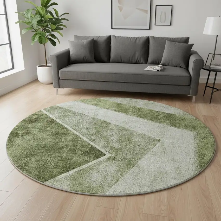 8' Olive Green Gray And Silver Geometric Washable Round Rug With UV Protection Photo 2