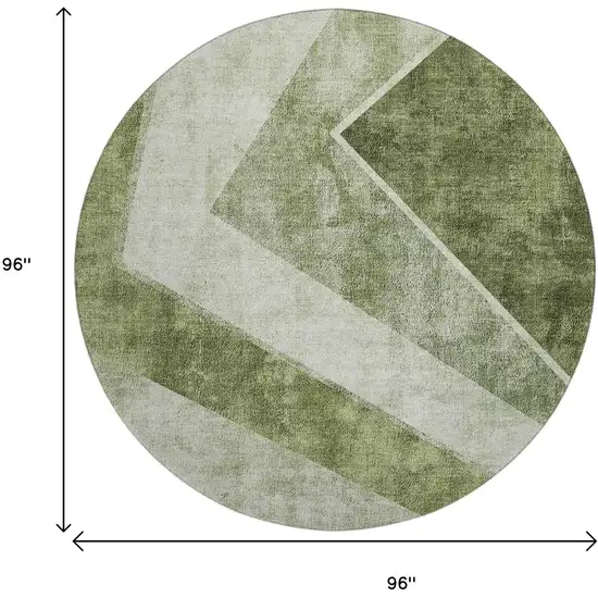8' Olive Green Gray And Silver Geometric Washable Round Rug With UV Protection Photo 3