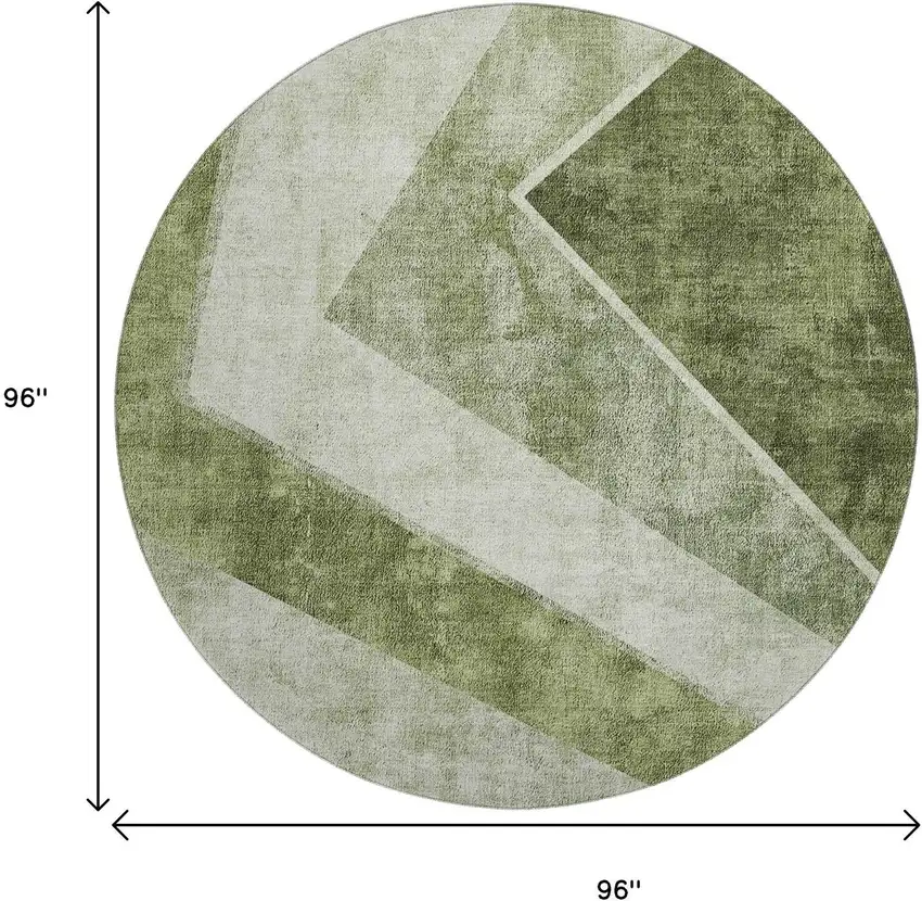 8' Olive Green Gray And Silver Geometric Washable Round Rug With UV Protection Photo 3