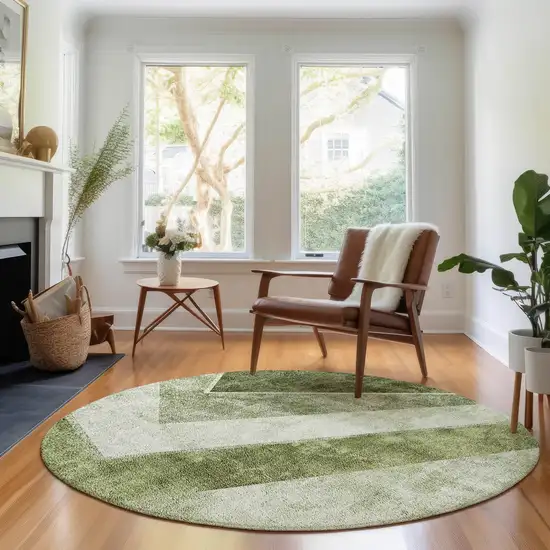 8' Olive Green Gray And Silver Geometric Washable Round Rug With UV Protection Photo 5