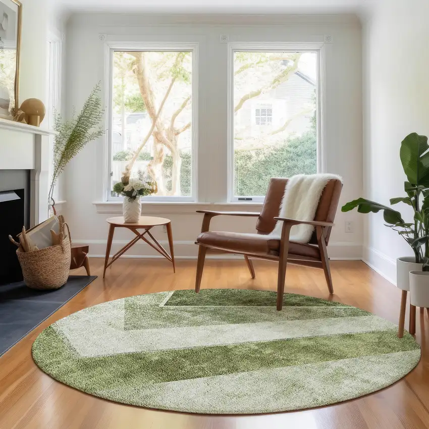 8' Olive Green Gray And Silver Geometric Washable Round Rug With UV Protection Photo 5