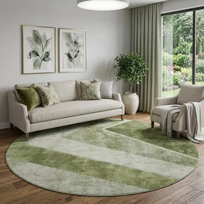 8' Olive Green Gray And Silver Geometric Washable Round Rug With UV Protection Photo 1