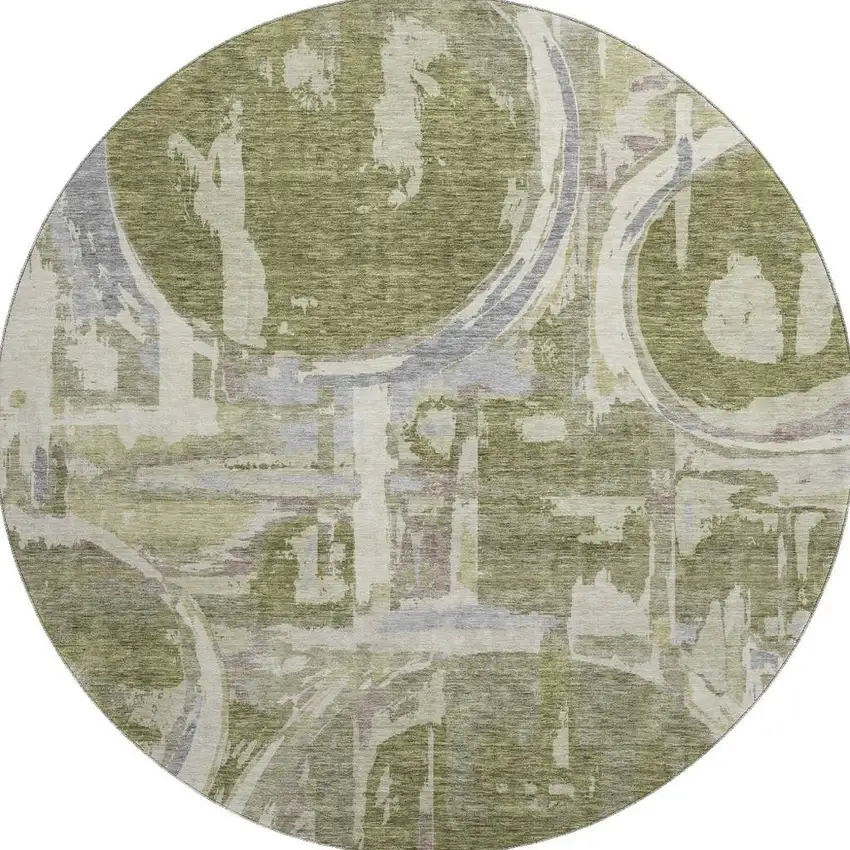 8' Olive Green Gray And Silver Geometric Washable Round Rug With UV Protection Photo 4
