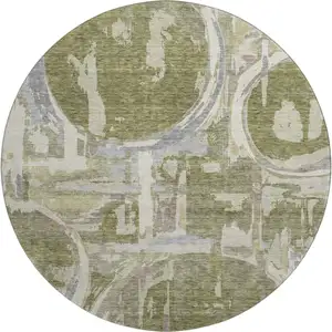 Photo of 8' Olive Green Gray And Silver Geometric Washable Round Rug With UV Protection