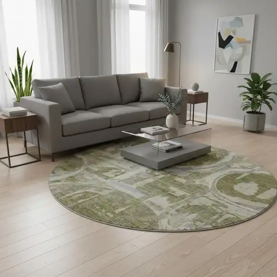 8' Olive Green Gray And Silver Geometric Washable Round Rug With UV Protection Photo 2