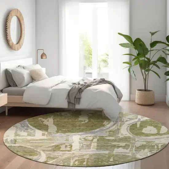 8' Olive Green Gray And Silver Geometric Washable Round Rug With UV Protection Photo 5
