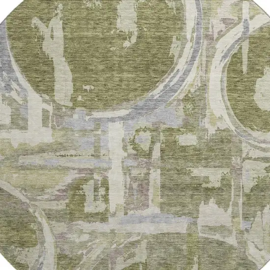8' Olive Green Gray And Silver Geometric Washable Round Rug With UV Protection Photo 3
