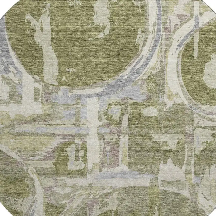 8' Olive Green Gray And Silver Geometric Washable Round Rug With UV Protection Photo 3