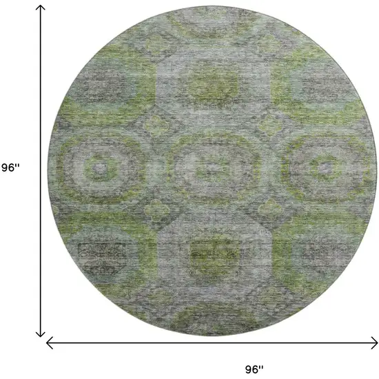 8' Olive Green Gray And Silver Geometric Washable Round Rug With UV Protection Photo 9