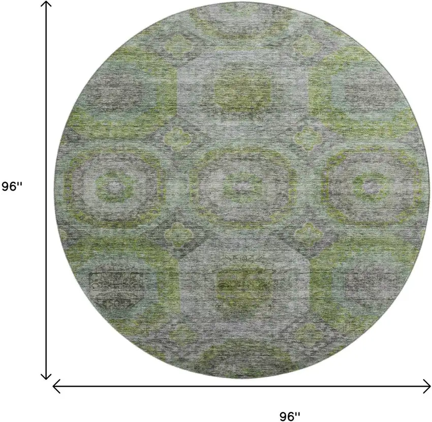 8' Olive Green Gray And Silver Geometric Washable Round Rug With UV Protection Photo 9