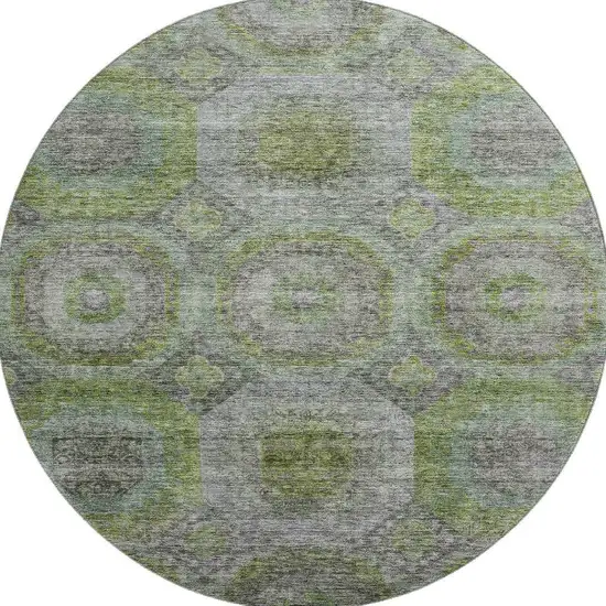 8' Olive Green Gray And Silver Geometric Washable Round Rug With UV Protection Photo 3