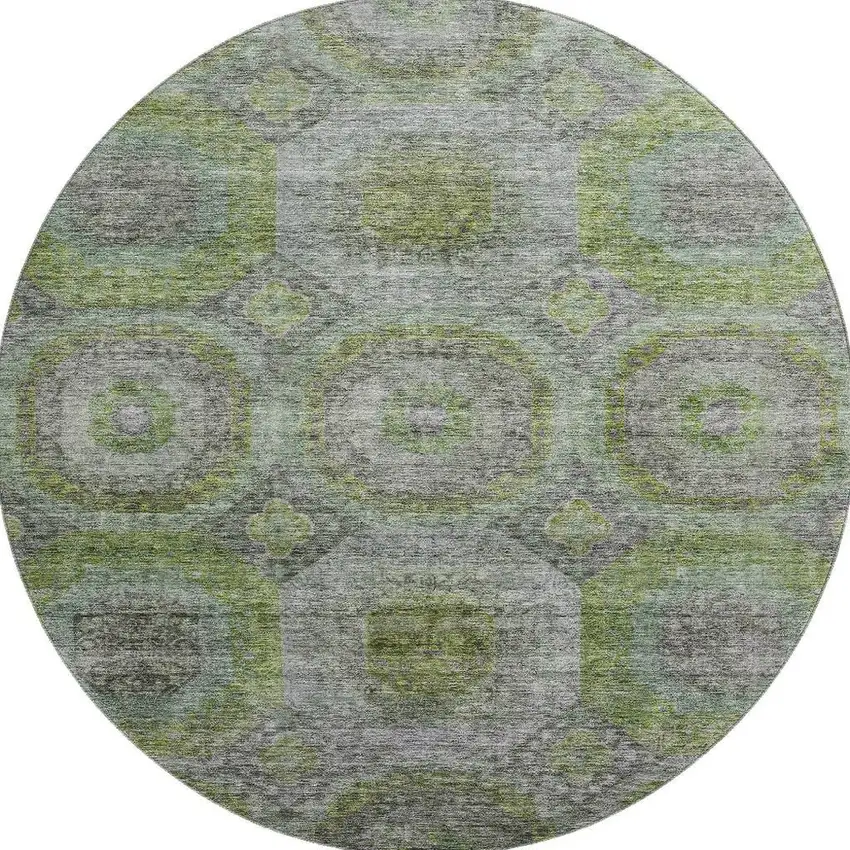 8' Olive Green Gray And Silver Geometric Washable Round Rug With UV Protection Photo 3